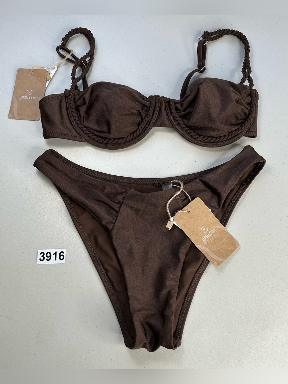 Berlook Bikini Set Dark Coffee Brown Small New braided Beachwear